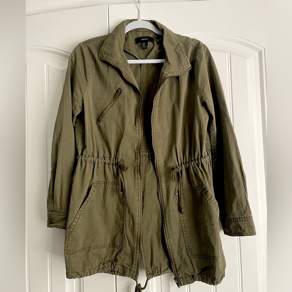 Forever 21 Ladies Size MEDIUM Dark Olive Green Army Jacket Long Sleeves...